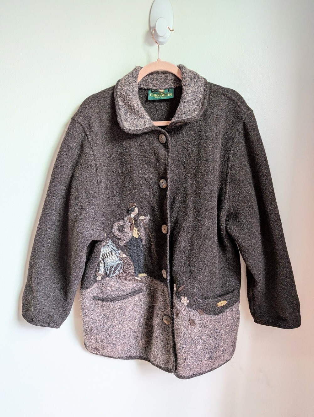 VINTAGE Dark Brown Boiled Wool Novelty Alpine Design Cardigan Jacket Size Large